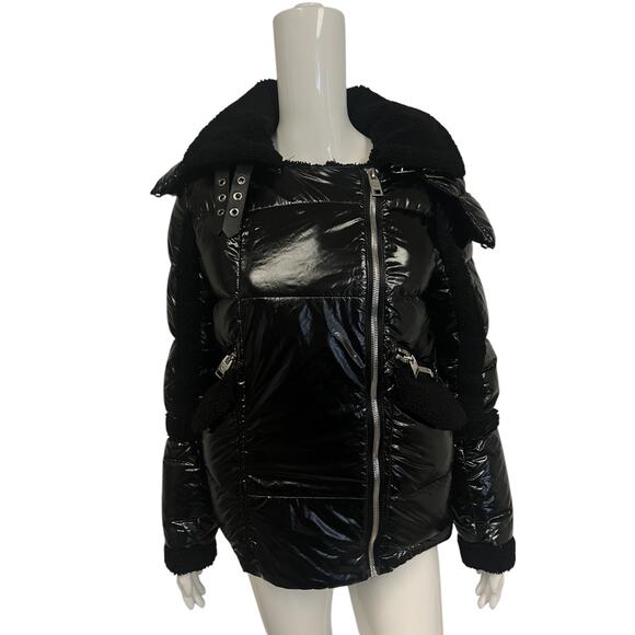 SERIES BY NICOLE BENISTI Black Down Puffer Coat Shearling Collared Jacket XS - Picture 2 of 6